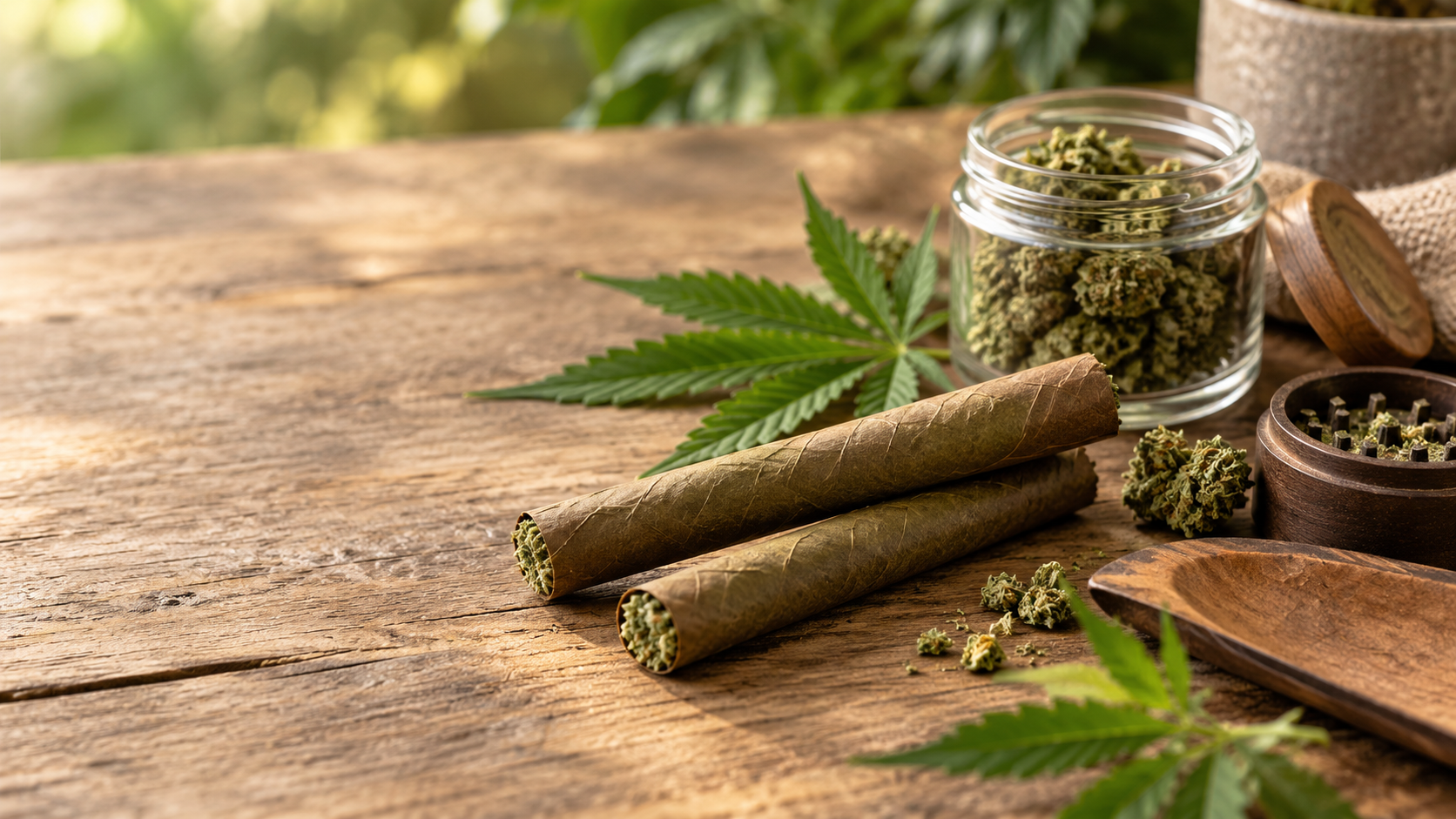 Cannabis cigar and hemp leaves representing cannabis product education